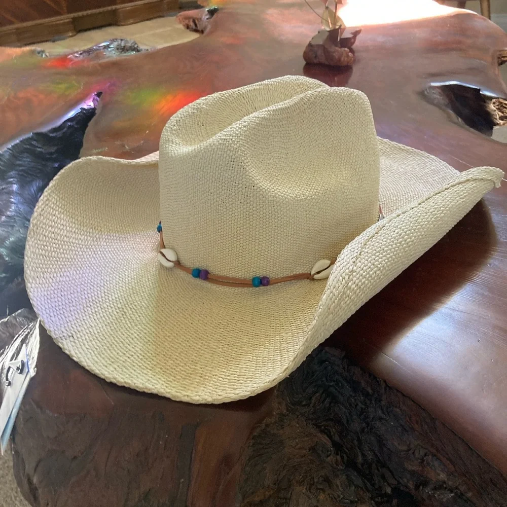 Roxy Cream Western Straw Hat with Beaded Shell Band NEW - Picture 6 of 7